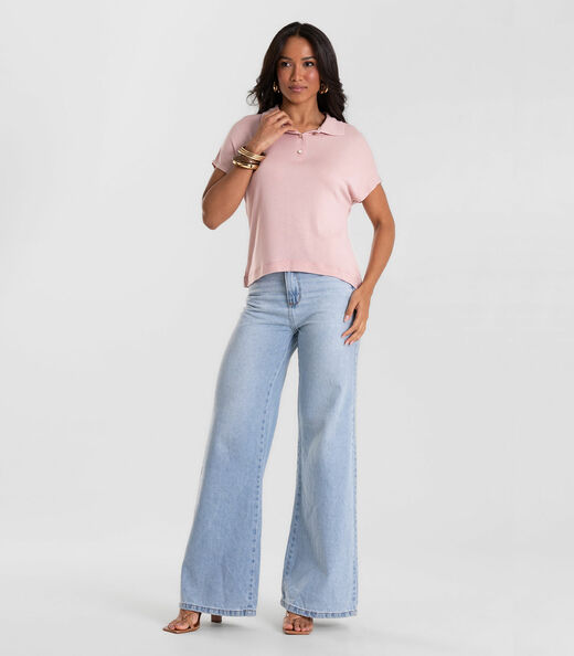 Blusa Feminina Visco Tricot Gola Polo Rovitex Rosa