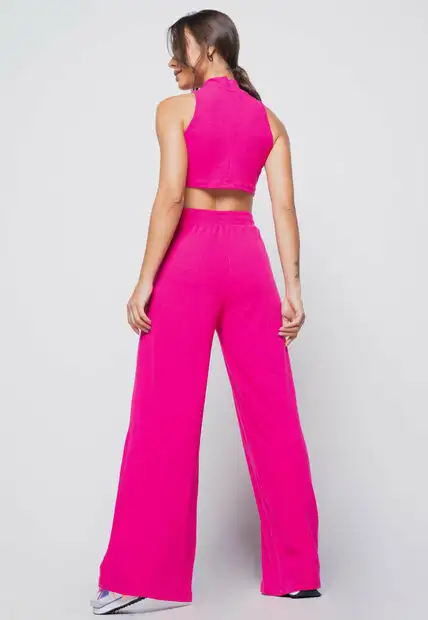 Calça  Wide Leg Malha Canelada Pink Salvatore Fashion