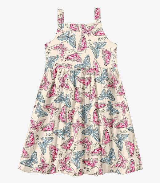 Vestido Menina Popeline Borboletas Trick Nick Bege