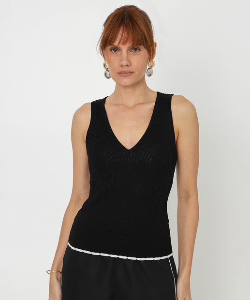 Image_Blusa Feminina Tricô Textura Sem Manga Marisa Preto