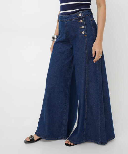Calça Jeans Palazzo Botões Feminina Sawary Azul