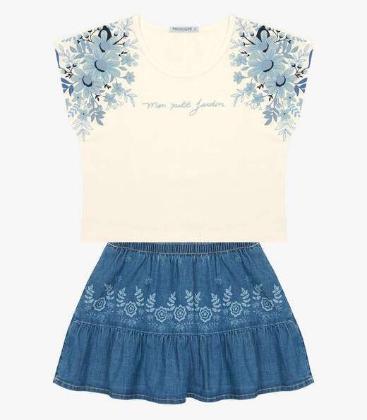Conjunto Infantil Blusa Com Saia Jeans Trick Nick Bege
