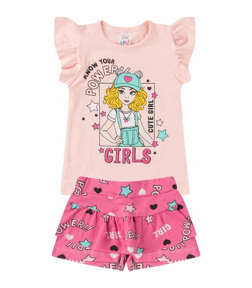 Conjunto Menina Cotton Manga Com Babados Kappes Rosa