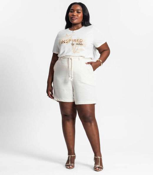 Camiseta Plus Size Feminina Estampada Secret Glam Bege