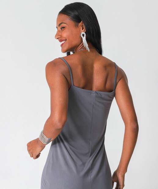 Vestido Longo Feminino Fenda Alças Finas Marisa Cinza