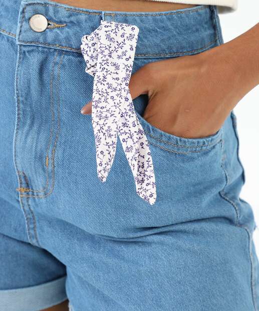 Short Jeans Feminino Lenço Barra Dobrada Azul