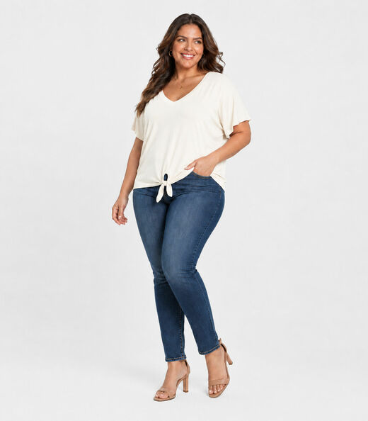 Blusa Feminina Manga Curta Decote Em V Secret Glam Bege