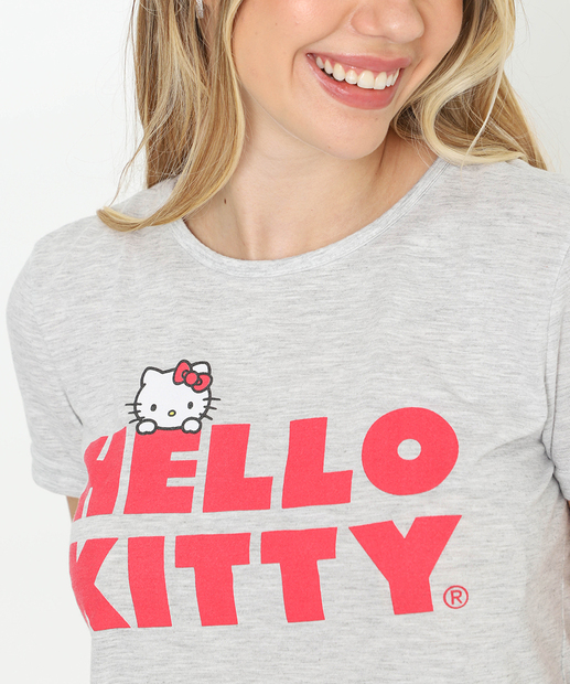 Pijama Feminino Manga Curta Hello Kitty Sanrio Cinza
