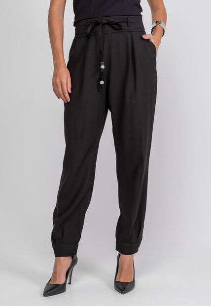 Calça de Alfaiataria com Pregas e Amarração Preta Salvatore