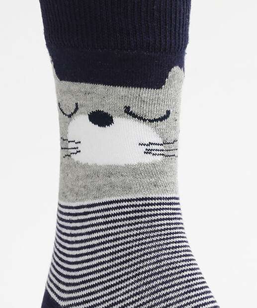 Meia Feminina Cano Longo Listrada Estampa Gato Marisa