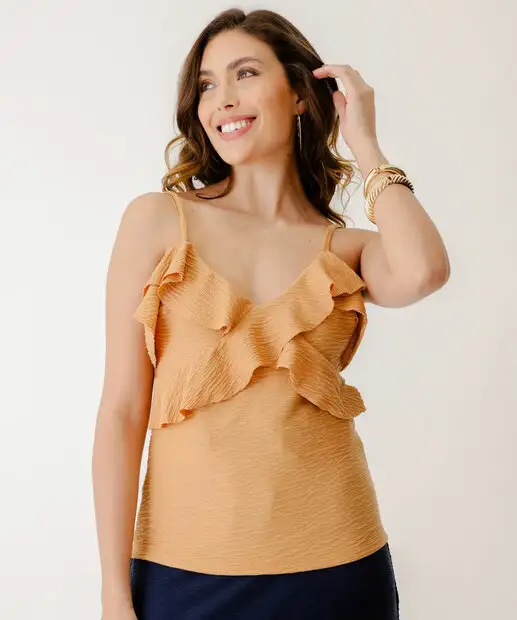 Blusa Feminina Babado Alças Finas Marisa Marrom