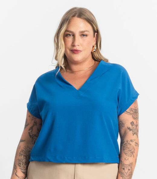 Blusa Manga Morcego Plus Size Secret Glam Azul