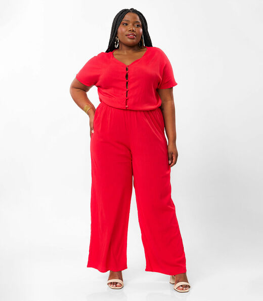 Macacão Plus Size Em Viscose Slub Secret Glam Vermelho