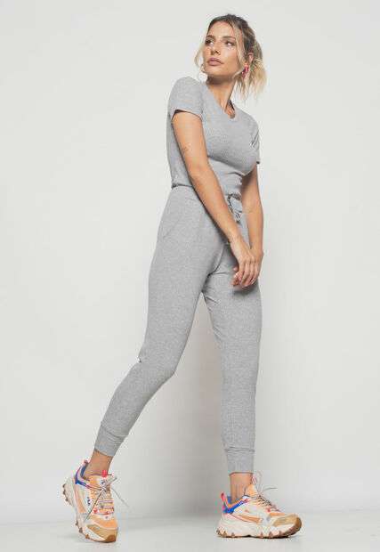 Blusa  Básica Manga Curta Malha Canelada Mescla