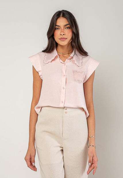 Image_Blusa Alfaiataria Com Gola Em Renda E Bolso Decorado Rosa Salvatore