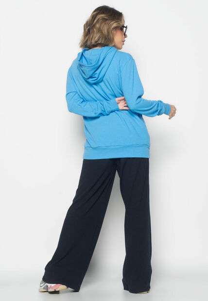 Casaco Capuz Oversized Com Bolso Canelado  Fashion Azul Claro