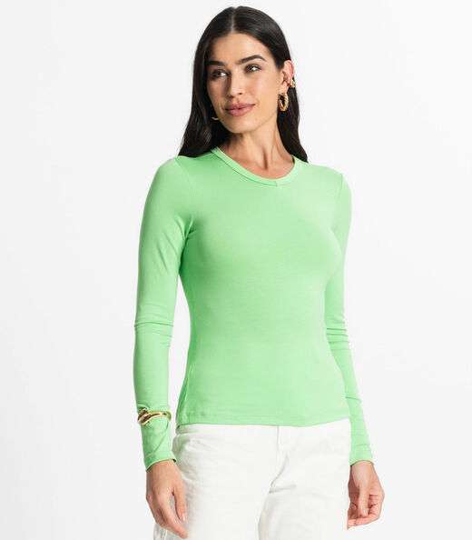 Blusa Manga Longa Decote V Básica Select Verde