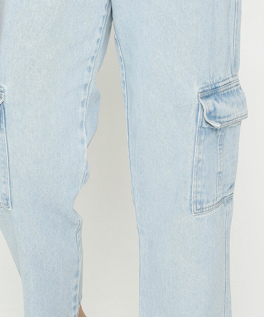 Calça Jeans Wide Leg Pantalona Feminina Cargo Marisa
