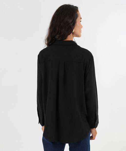 Camisa Feminina Bolso Lapela Manga Longa Marisa Preto