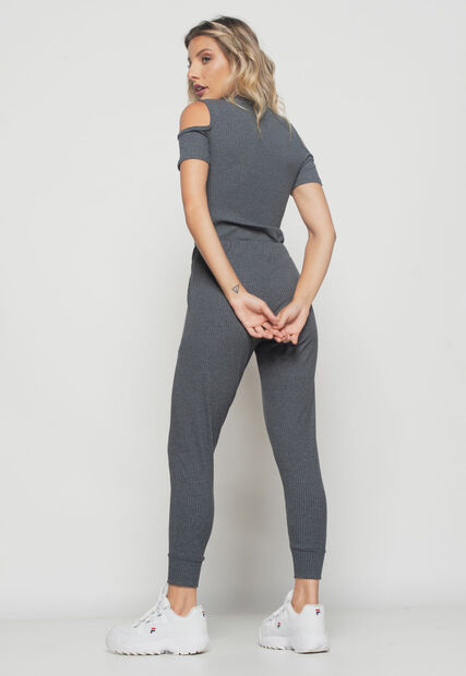 Conjunto  Comfy Com Blusa Ombro Vazado e Jogger Canelada Grafite Salvatore Fashi