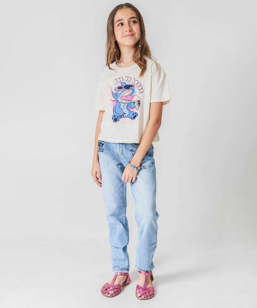 Blusa Infantil Babado Stitch Tam 6 a 14 Bege