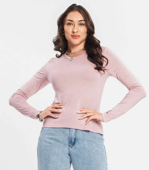 Blusa Manga Longa Decote V Básica Select Rosa