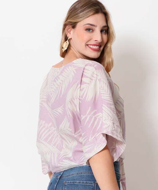 Blusa Feminina Estampa Folhas Amarração Manga 3/4 