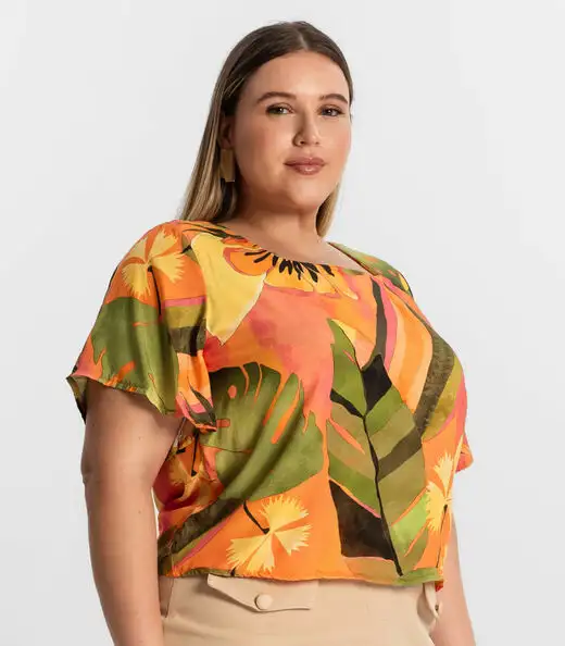 Blusa Feminina Plus Size Estampada Secret Glam Laranja