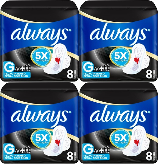 Image_Kit c/4 Absorvente Cobertura Seca Noturno Com Abas Always Simples 8 Unidades