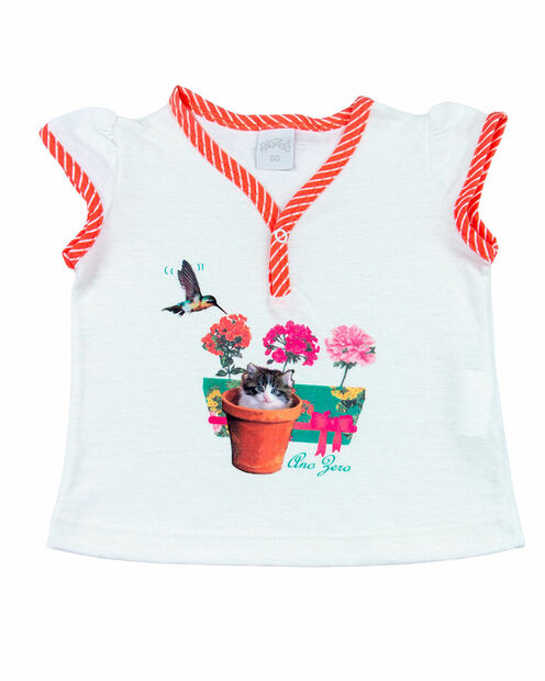 Pijama Infantil Menina Malha Lisa e Listrada Beija Flor e Gatinho - Coral