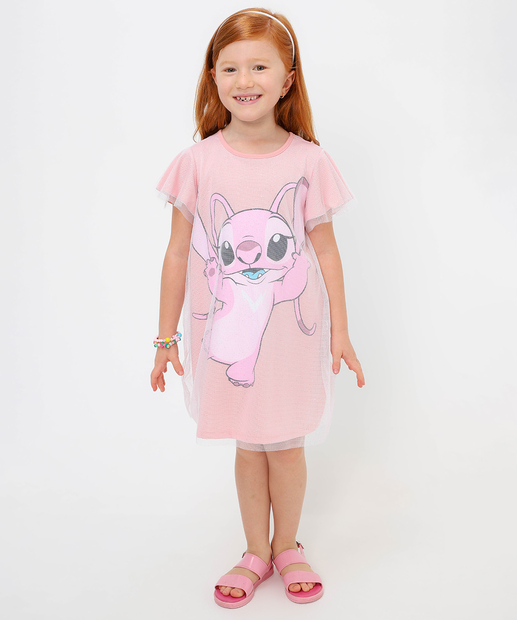 Image_Vestido Infantil Tule Stitch Glitter Manga Curta Tam 4 a 10 Rosa