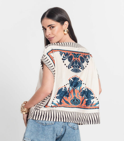 Blusa Feminina Manga Curta Estampada Donna Bege