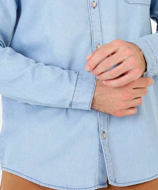 Camisa Masculina Jeans Bolso Manga Longa MR