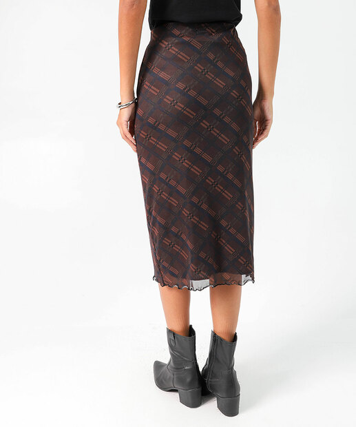 Saia Feminina Midi Reta Tule Estampada Marisa Marrom