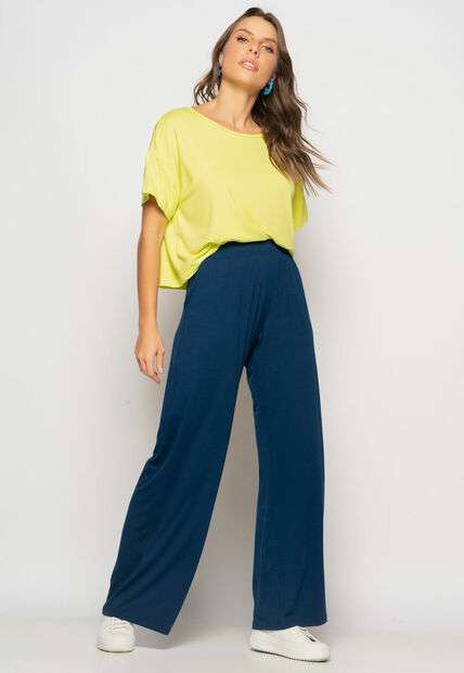 Calça Wide Leg Com Bolso Malha Marinho Salvatore Fashion