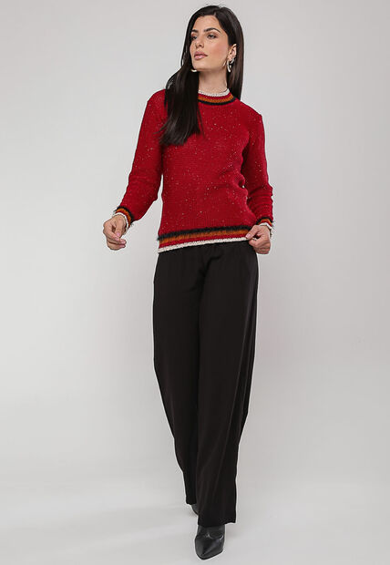 Blusa de Tricot com Fio Boton? Gola Listra Vermelho Salvatore