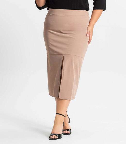 Saia Midi Plus Size Com Fenda Secret Glam Marrom
