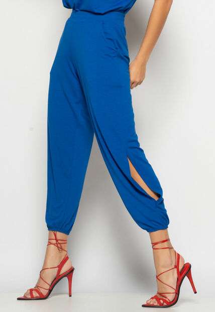 Conjunto Blusa Ampla Gola V e Calça Jogger Fenda Malha Azul Royal Salvatore