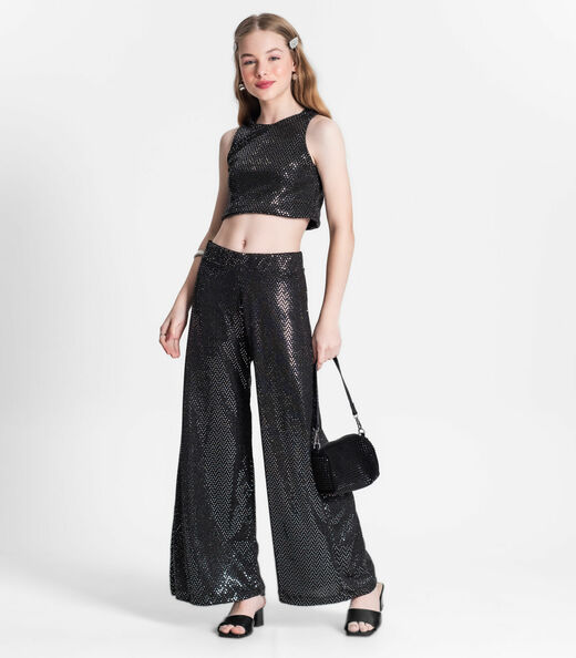 Cropped Juvenil Feminino Em Lantejoula Minty Preto