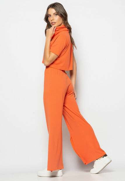 Conjunto Cropped Golão E Calça Fenda Frontal Malha Telha Salvatore