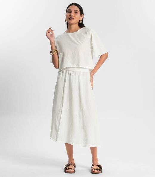Saia Midi Viscose Maquinetada Bege
