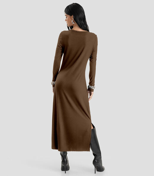 Vestido Feminino Super Midi Canelado Dianna Marrom