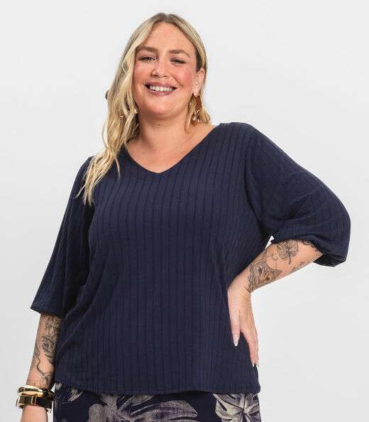 Blusa Canelada Plus Infinita Cor Azul