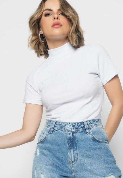 Blusa  Gola Alta Malha Canelada Branco