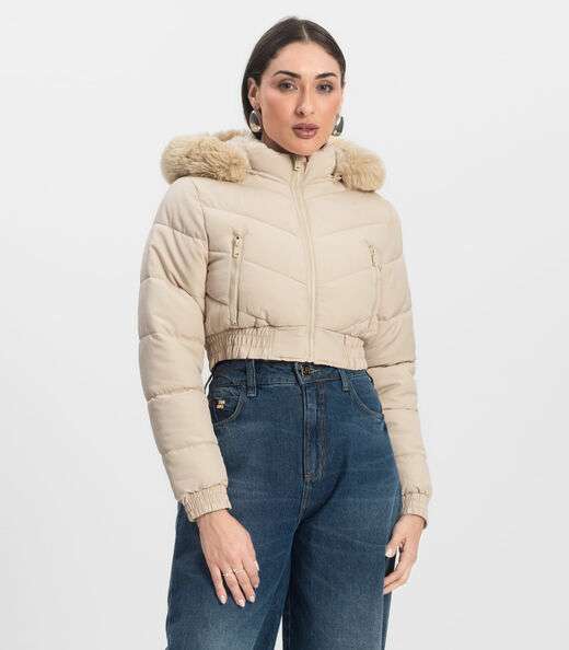 Jaqueta Feminina Peluciada Com Capuz Sea Surf Bege