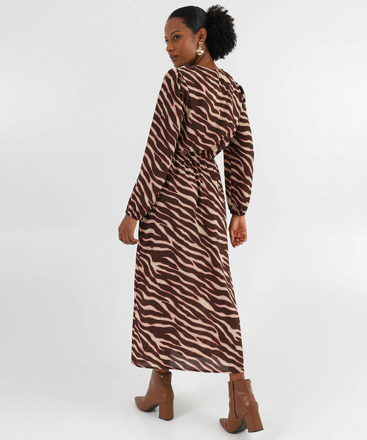 Vestido Feminino Midi estampado Marisa Marrom