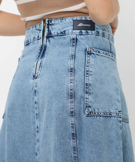 Saia Midi Jeans Evasê Feminina Bolsos Marisa Azul