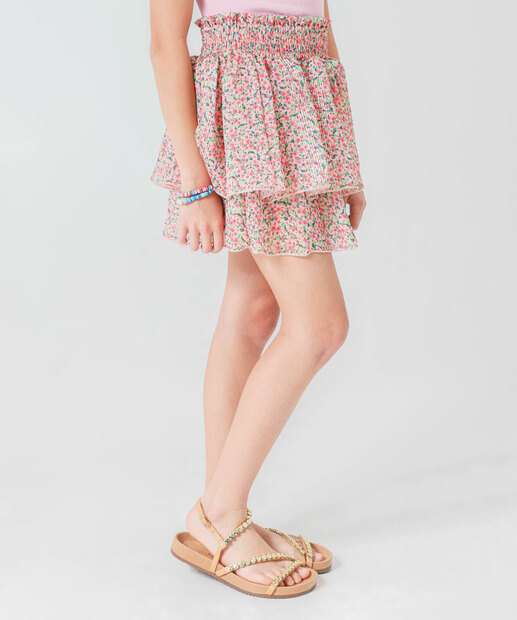 Short Saia Juvenil Floral Babados Marisa Tam 10 a 16 Rosa