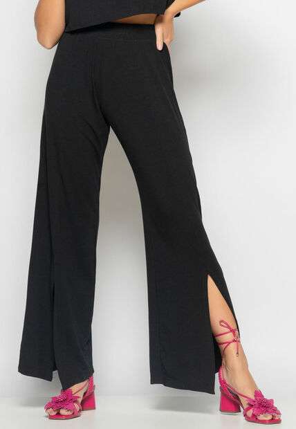 Conjunto Cropped Golão E Calça Fenda Frontal Malha Preto Salvatore