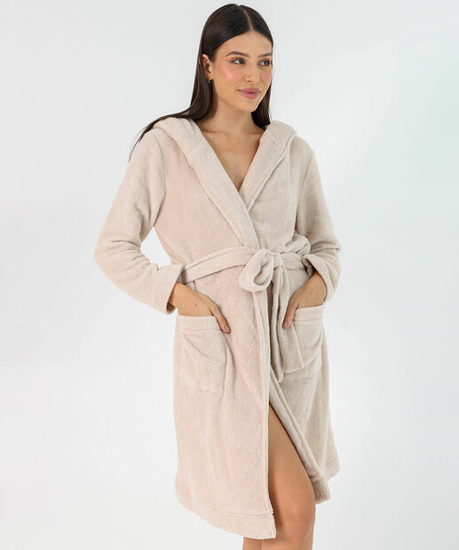 Roupão Feminino Plush Capuz Manga Longa Marisa Bege